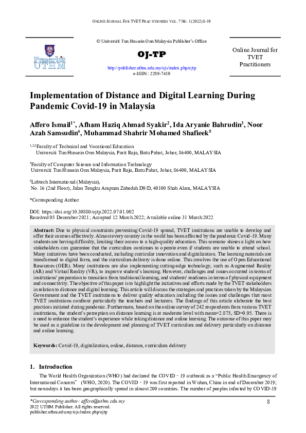 (PDF) Implementation of Distance and Digital Learning During Pandemic ...