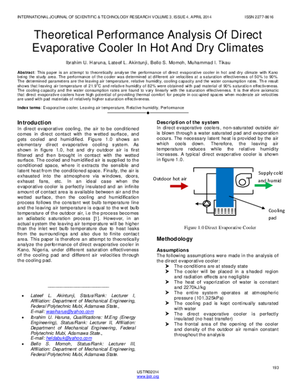 (PDF) Theoretical Performance Analysis Of Direct Evaporative Cooler In ...