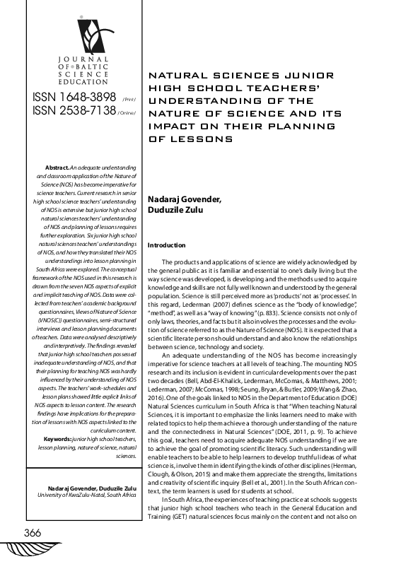 Pdf Natural Sciences Junior High School Teachers Understanding Of