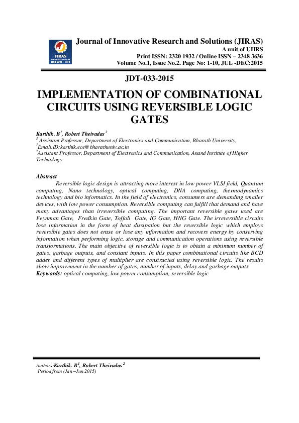 (PDF) Implementation of Combinational Circuits Using Reversible Logic Gates