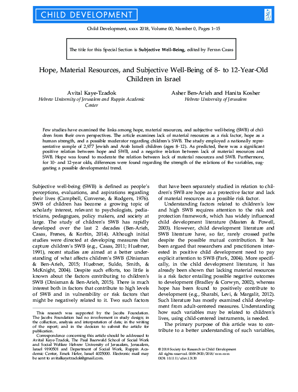 (PDF) Hope, Material Resources, and Subjective Well‐Being of 8‐ to 12 ...