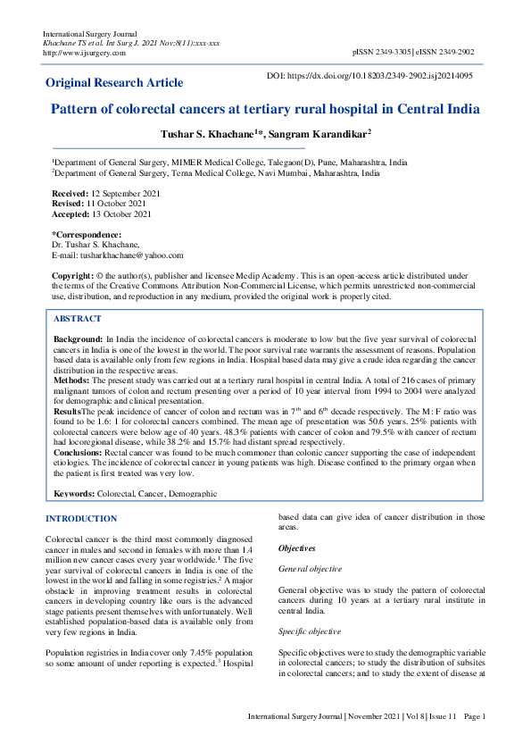 (PDF) Pattern of colorectal cancers at tertiary rural hospital in ...