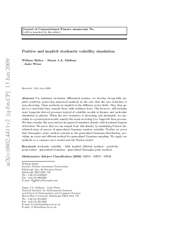 (PDF) Positive and implicit stochastic volatility simulation