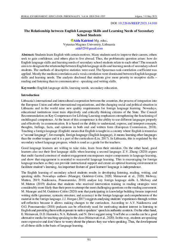 (PDF) The Relationship between English Language Skills and Learning ...