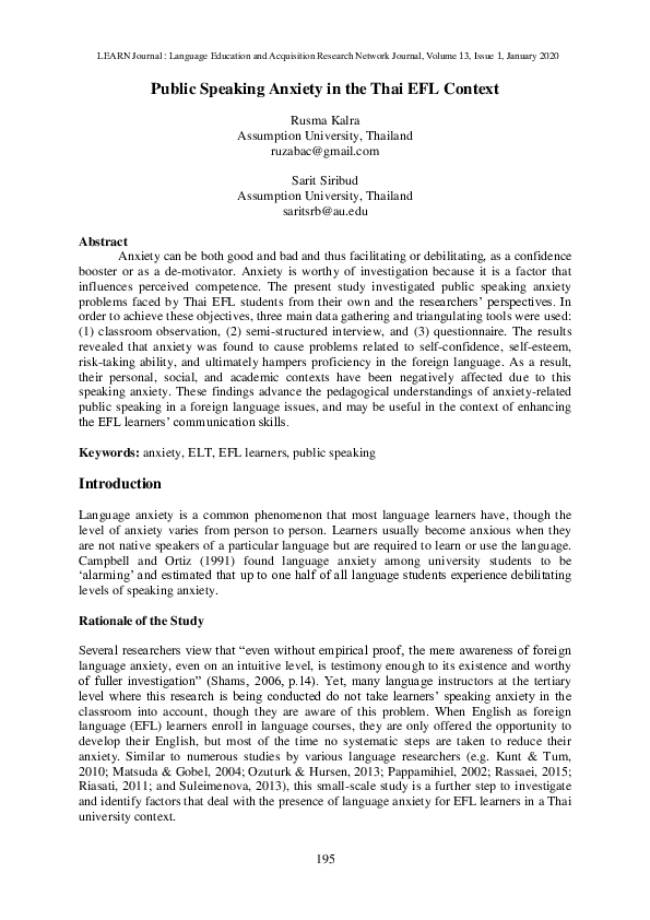 (PDF) Public Speaking Anxiety in the Thai EFL Context