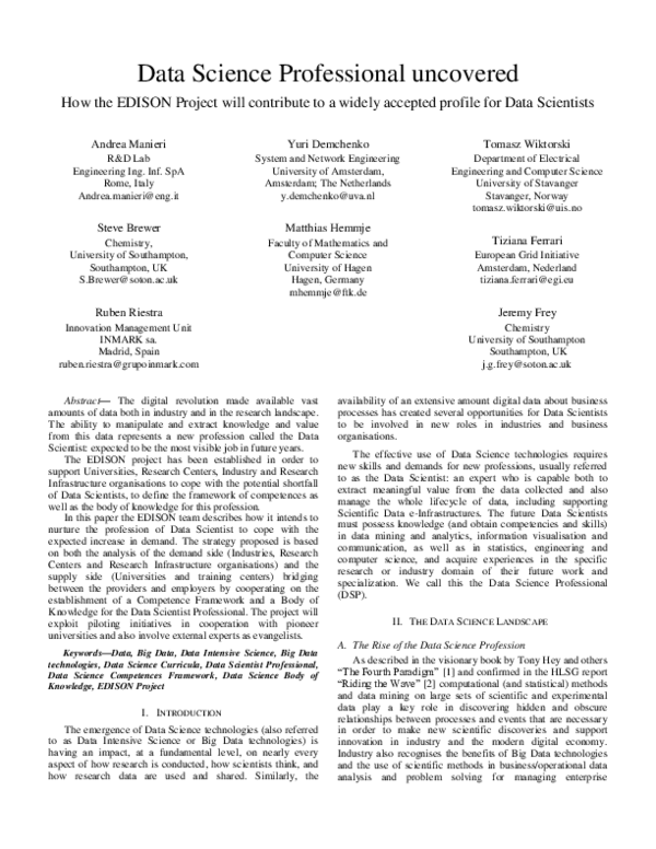 (PDF) Data Science Professional Uncovered: How the EDISON Project will ...