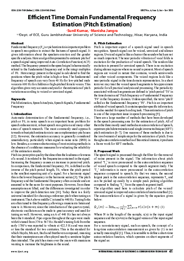 Pdf Efficient Time Domain Fundamental Frequency Estimation Pitch