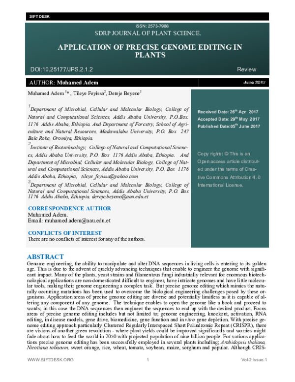 (PDF) Application of precise genome editing in plants