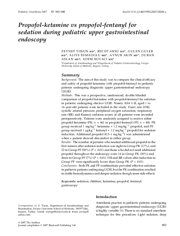 (PDF) Propofolketamine vs propofolfentanyl for sedation during pediatric upper