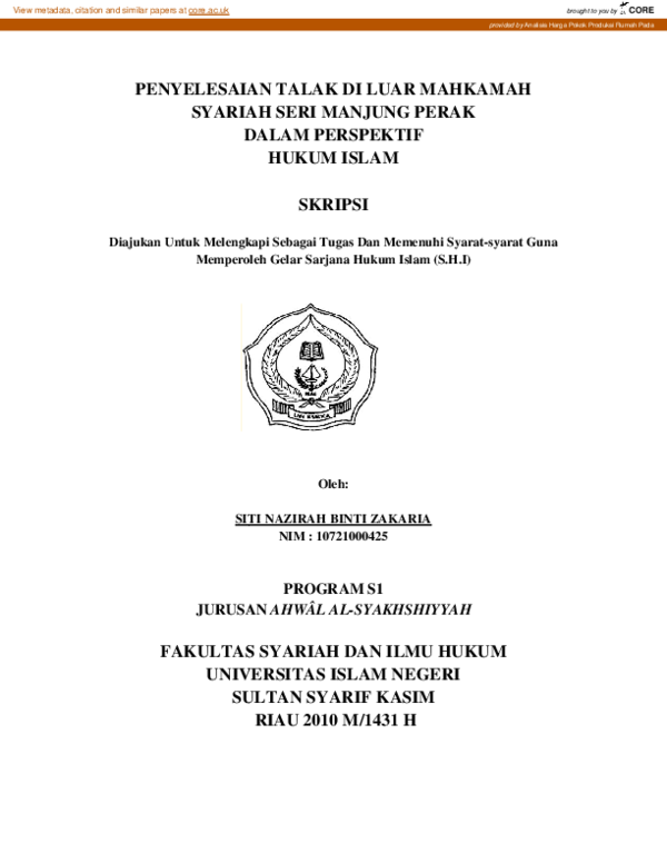 (PDF) Penyelesaian Talak DI Luar Mahkamah Syariah Seri Manjung Perak ...