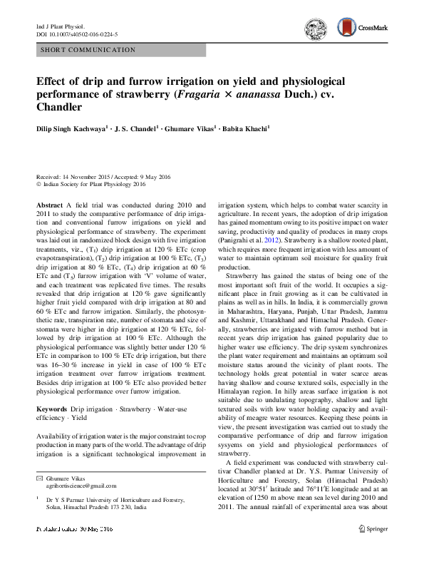 (PDF) Effect of drip and furrow irrigation on yield and physiological ...