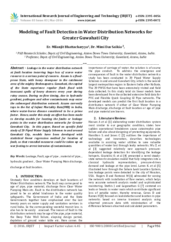 Modeling of Fault Detection in Water Distribution Networks for Greater Guwahati City
