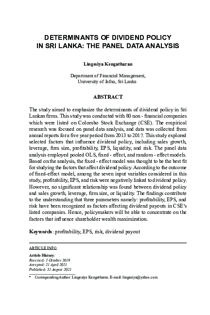 (PDF) Determinants of Dividend Policy in Sri Lanka: The Panel Data Analysis