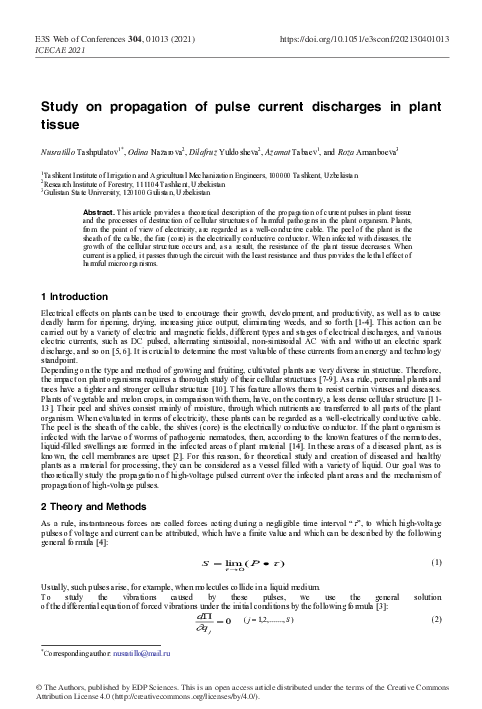 (PDF) Study on propagation of pulse current discharges in plant tissue