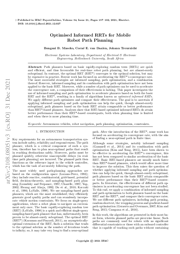 (PDF) Optimised Informed RRTs for Mobile Robot Path Planning