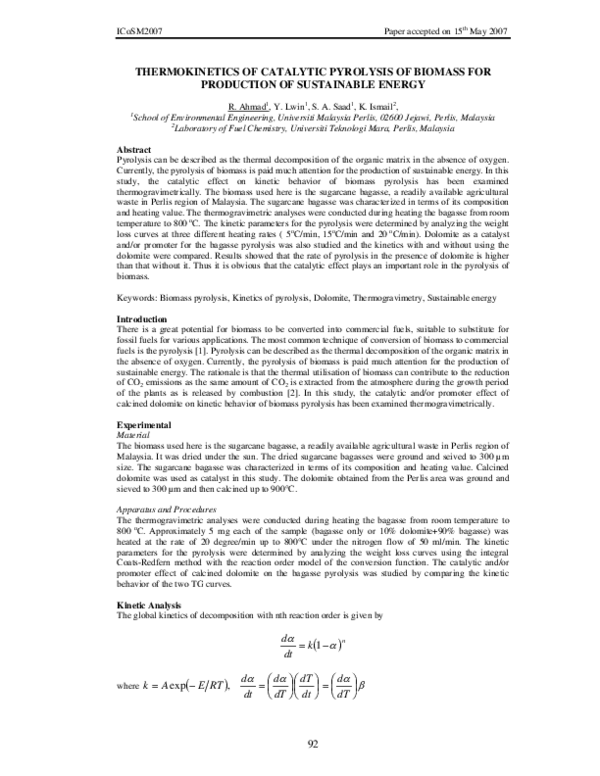 (PDF) Thermokinetics of Catalytic Pyrolysis of Biomass for Production ...