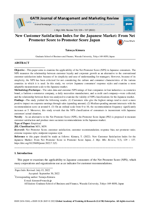 (PDF) New Customer Satisfaction Index for the Japanese Market From Net
