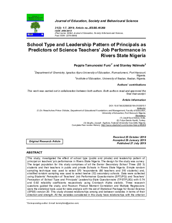 (PDF) School Type and Leadership Pattern of Principals as Predictors of