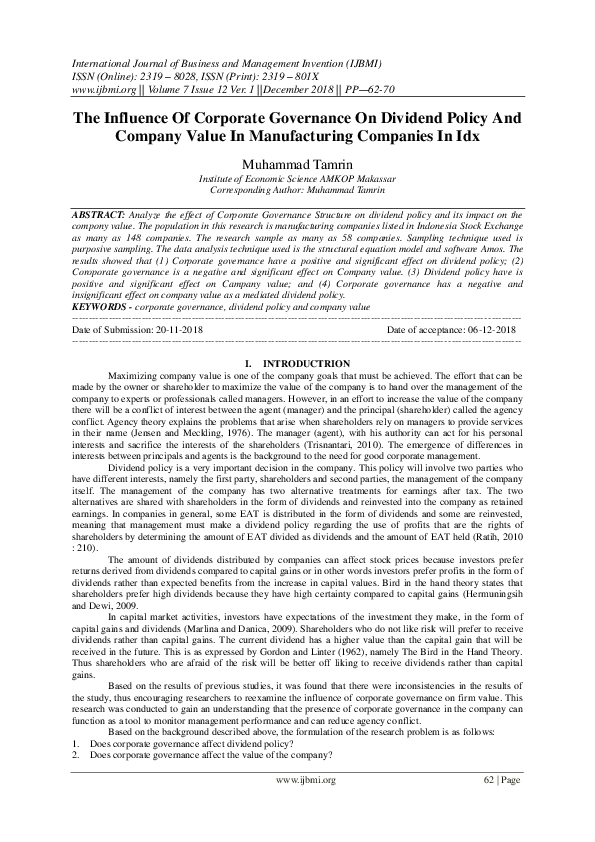 (PDF) The Influence Of Corporate Governance On Dividend Policy And ...