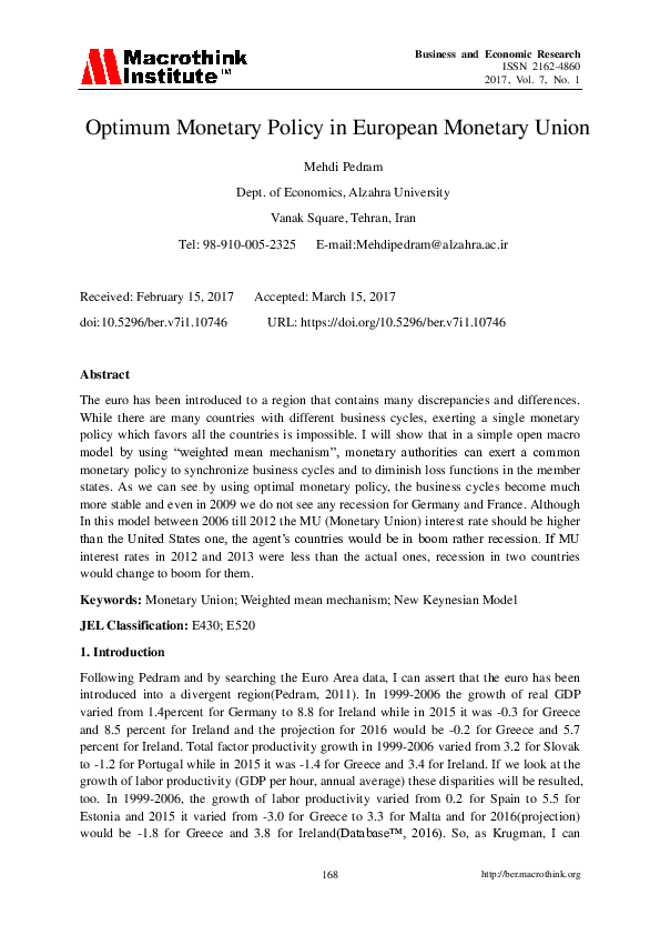 (PDF) Optimum Monetary Policy in European Monetary Union