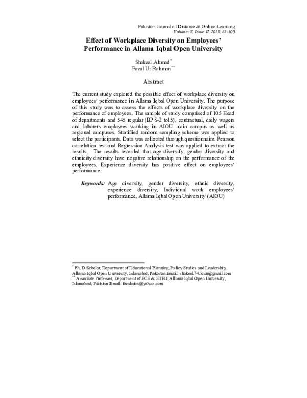 (PDF) Effect of Workplace Diversity on Employees' Performance in Allama ...