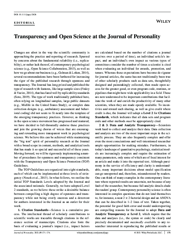 (PDF) Transparency and Open Science at the Journal of Personality