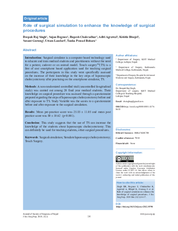 (PDF) Role of surgical simulation to enhance the knowledge of surgical ...