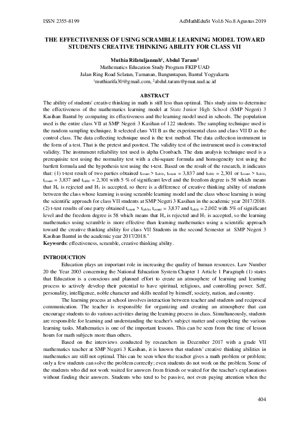 (PDF) The Effectiveness of Using Scramble Learning Model Toward ...