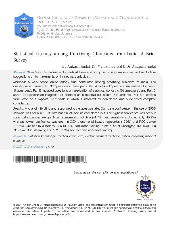 Pdf Statistical Literacy Among Practicing Clinicians From India A