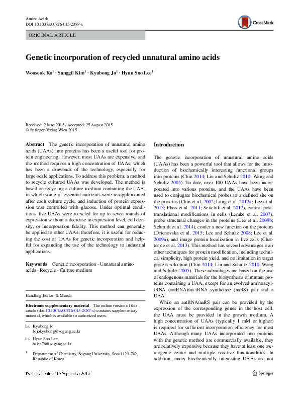 (PDF) Genetic incorporation of recycled unnatural amino acids