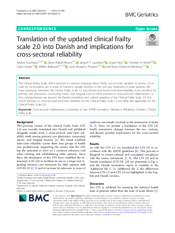 (PDF) Translation of the updated clinical frailty scale 2.0 into Danish ...
