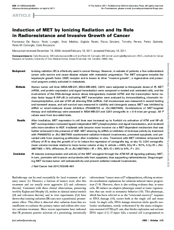 (PDF) Induction of MET by Ionizing Radiation and Its Role in ...