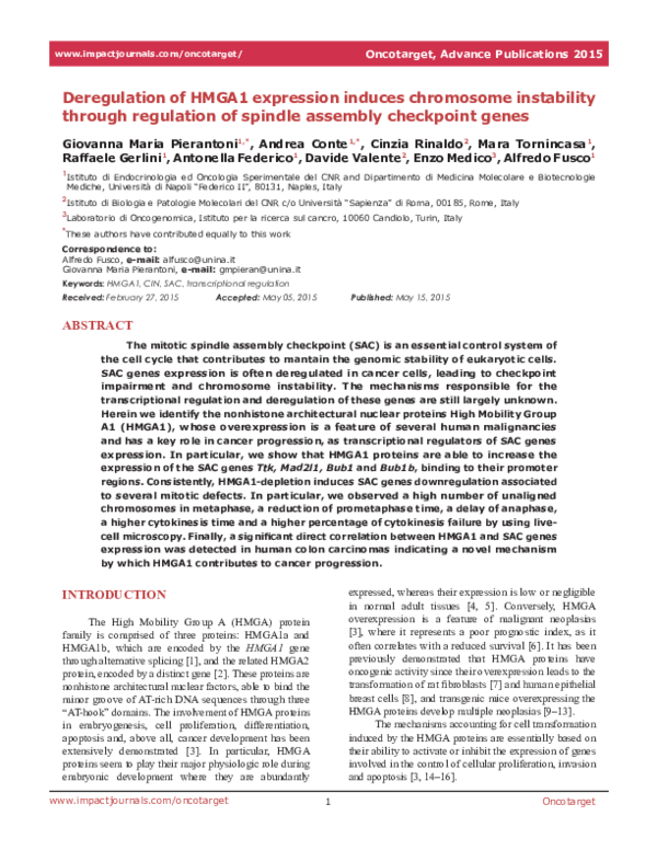 (PDF) Deregulation of HMGA1 expression induces chromosome instability