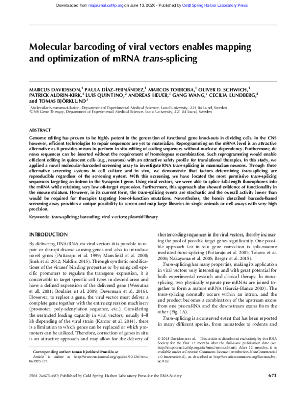 (PDF) Molecular barcoding of viral vectors enables mapping and ...