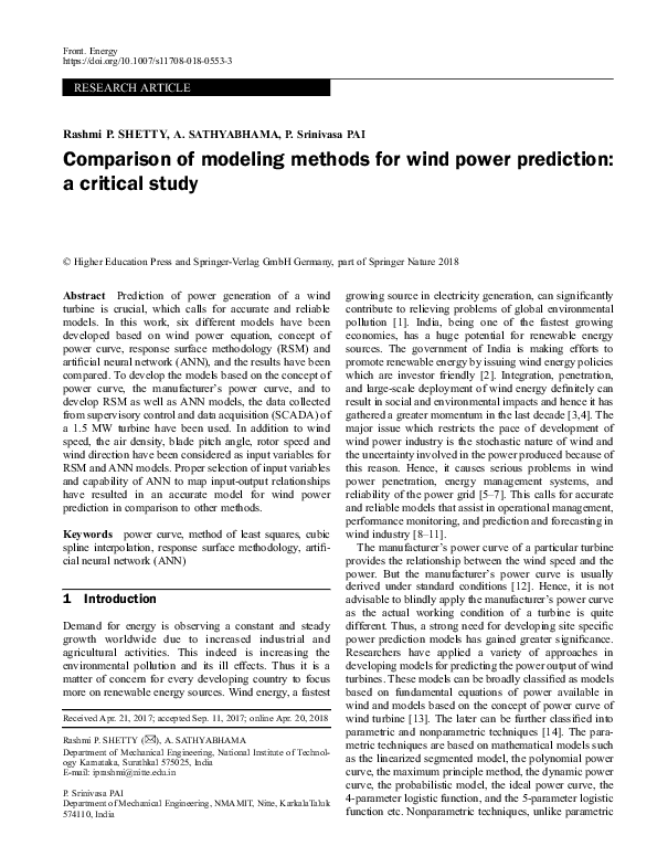 (PDF) Comparison of modeling methods for wind power prediction: a ...