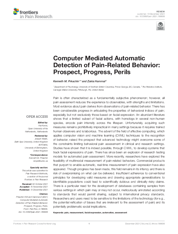 (PDF) Computer Mediated Automatic Detection of Pain-Related Behavior ...