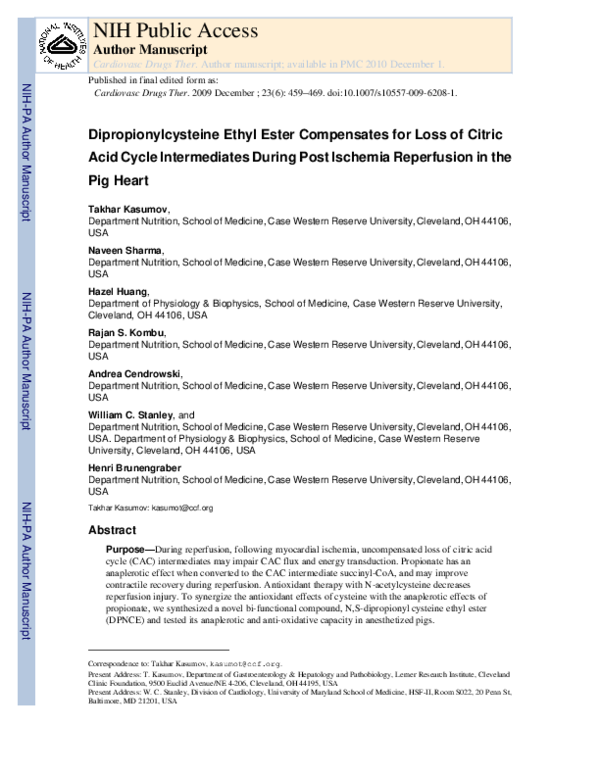 (PDF) Dipropionylcysteine Ethyl Ester Compensates for Loss of Citric ...
