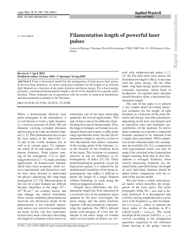 (PDF) Filamentation length of powerful laser pulses
