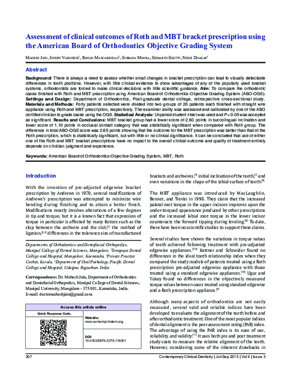 (PDF) Assessment of clinical of Roth and MBT bracket
