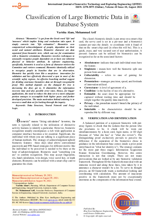 (PDF) Classification of Large Biometric Data in Database System Varisha Alam Academia.edu