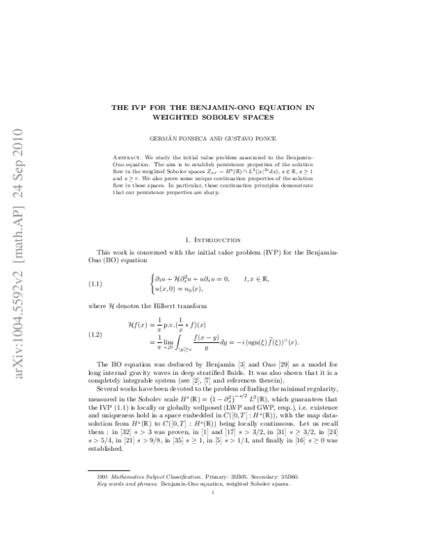 (PDF) The IVP for the Benjamin–Ono equation in weighted Sobolev spaces II