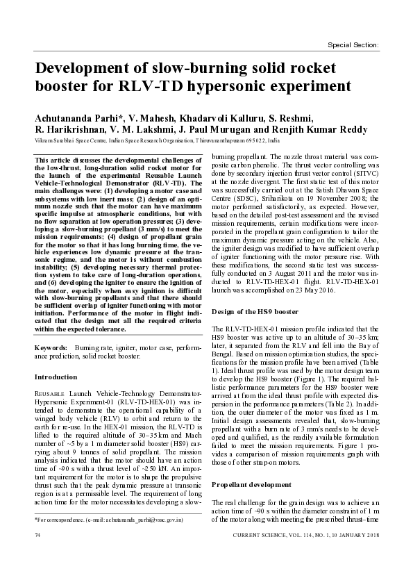 (PDF) Development of Slow-Burning Solid Rocket Booster for RLV-TD ...