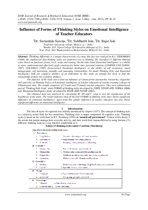 (PDF) Influence of Forms of Thinking Styles on Emotional Intelligence ...