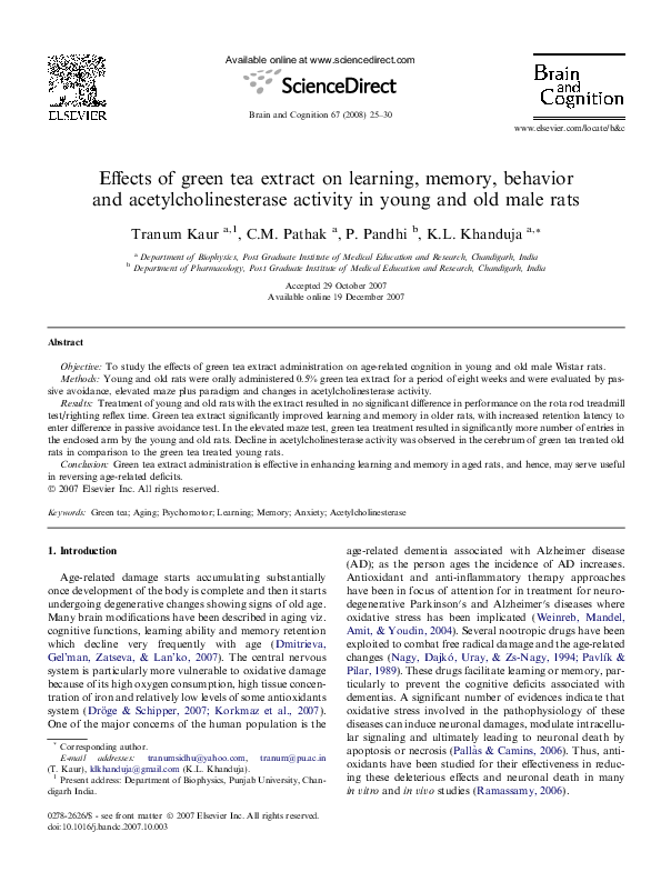 (PDF) Effects of green tea extract on learning, memory, behavior and ...