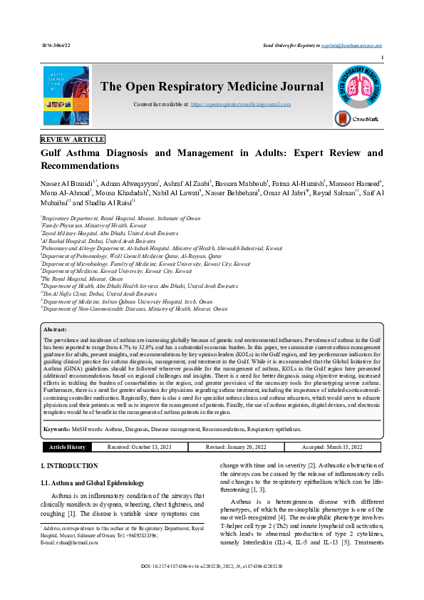 (PDF) Gulf Asthma Diagnosis and Management in Adults: Expert Review and ...