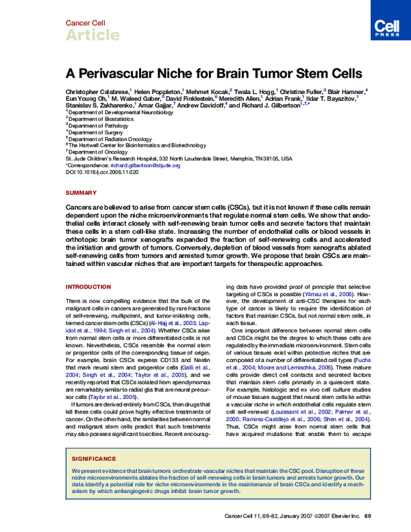 (PDF) A Perivascular Niche for Brain Tumor Stem Cells