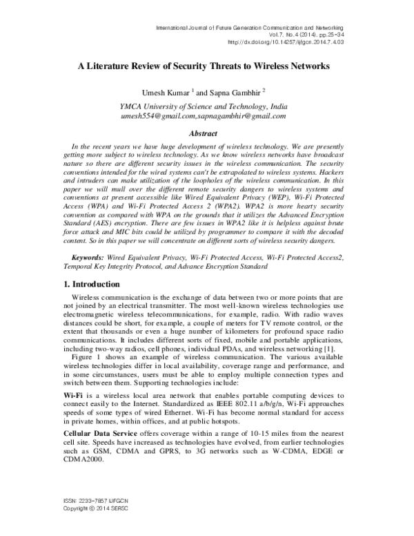 (PDF) A Literature Review of Security Threats to Wireless Networks