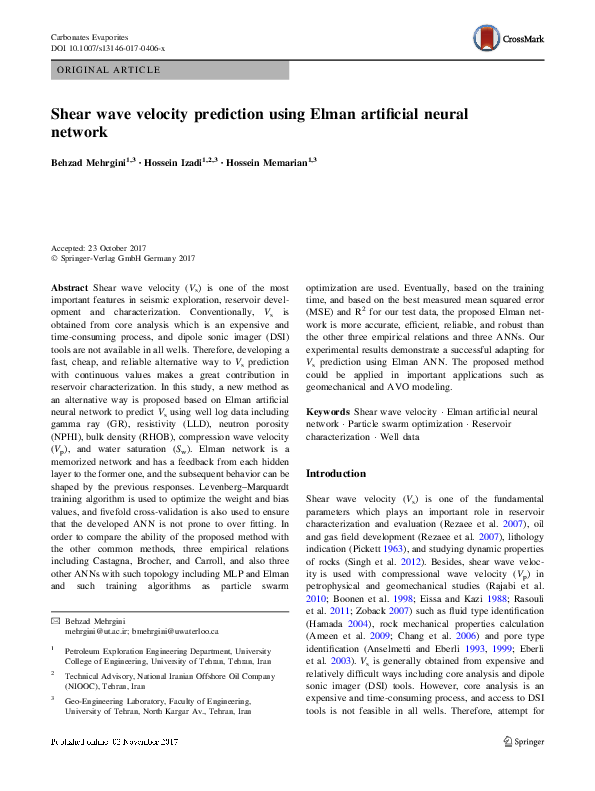 (PDF) Shear wave velocity prediction using Elman artificial neural network