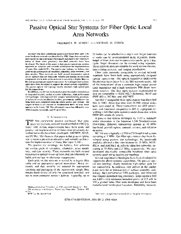 (PDF) Passive optical star systems for fiber optic local area networks