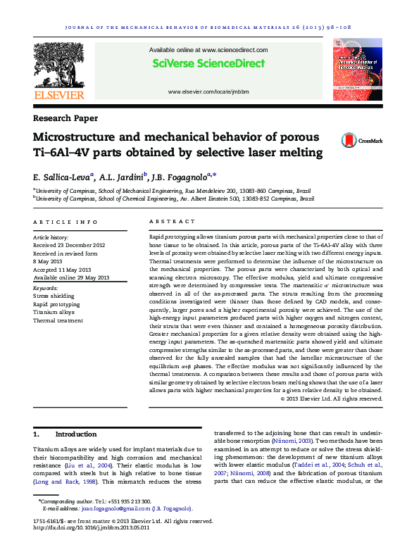 (PDF) Microstructure and mechanical behavior of porous Ti–6Al–4V parts ...